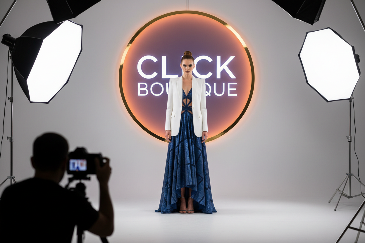 una modella in studio fotografico con scritto click boutique su un insegna